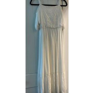 White long dress, off the shoulder with crochet design on front.